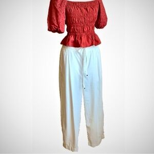 TOMMY HILFIGER White Wide Leg Pleated Trousers Size L